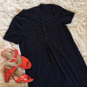 navy velvet lace up front tunic